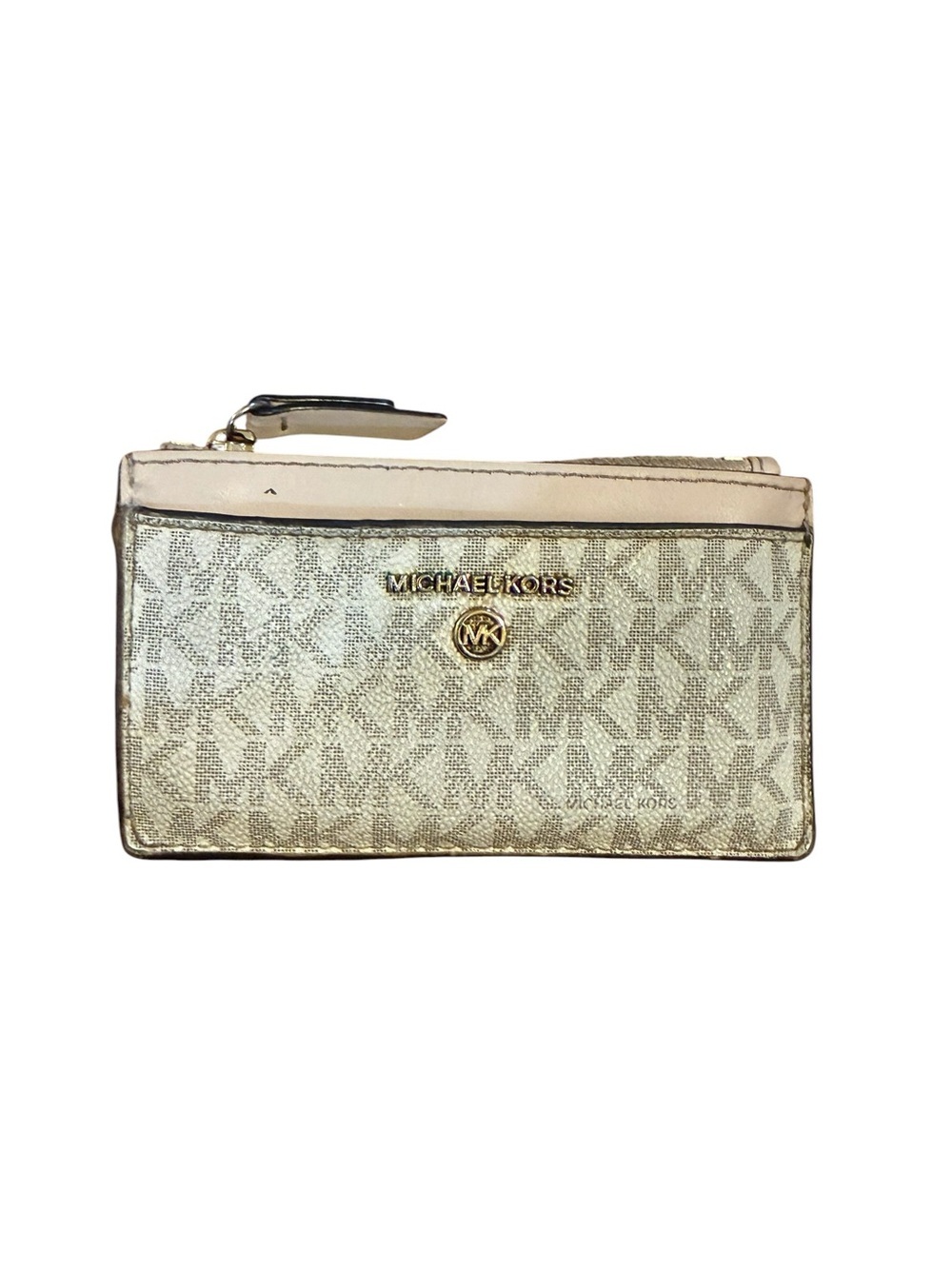 Michael Kors Women's Gold Logo Zip Wallet with Beige Trim
